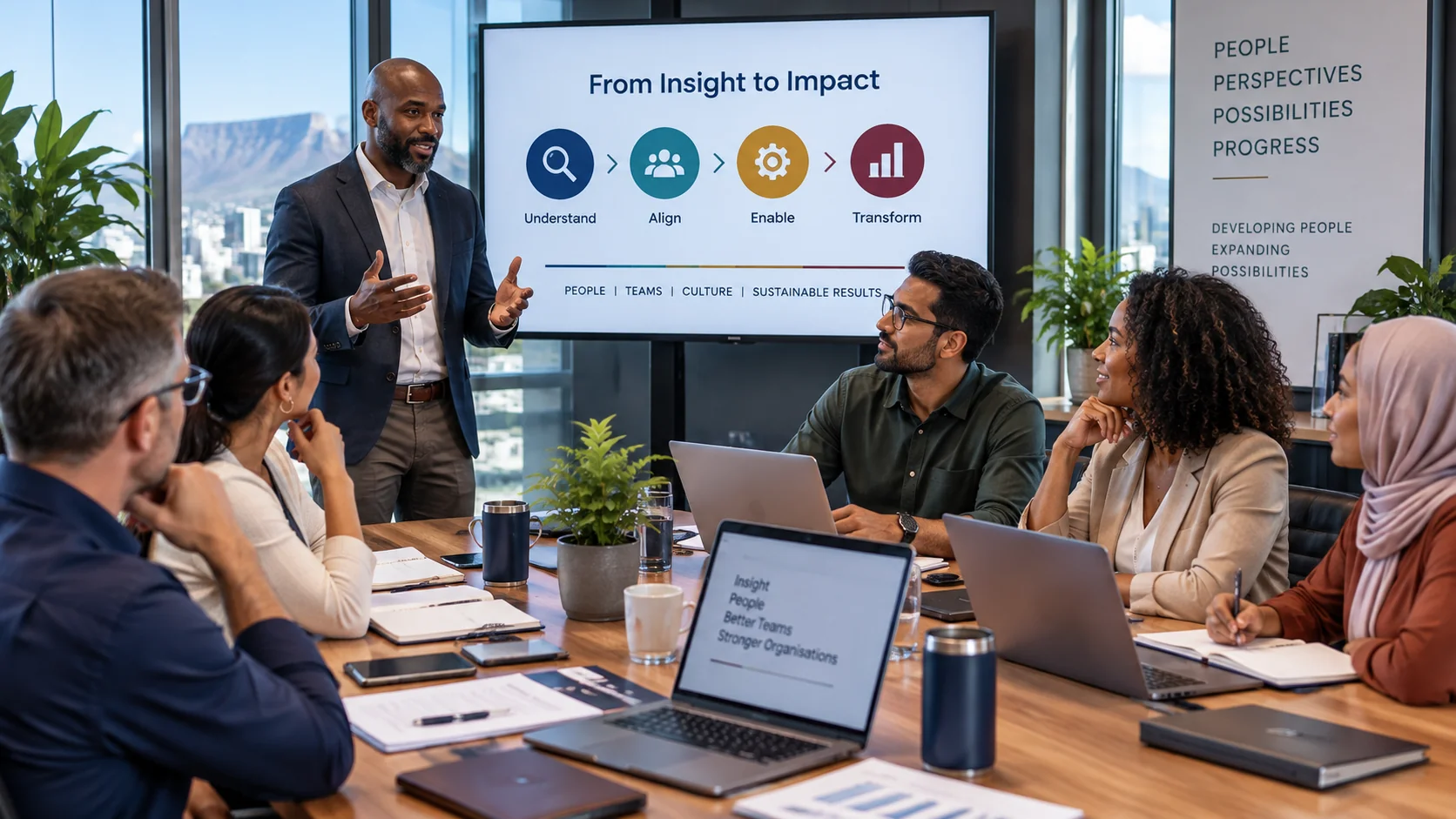 Diverse executive team collaborating in a bright modern office
